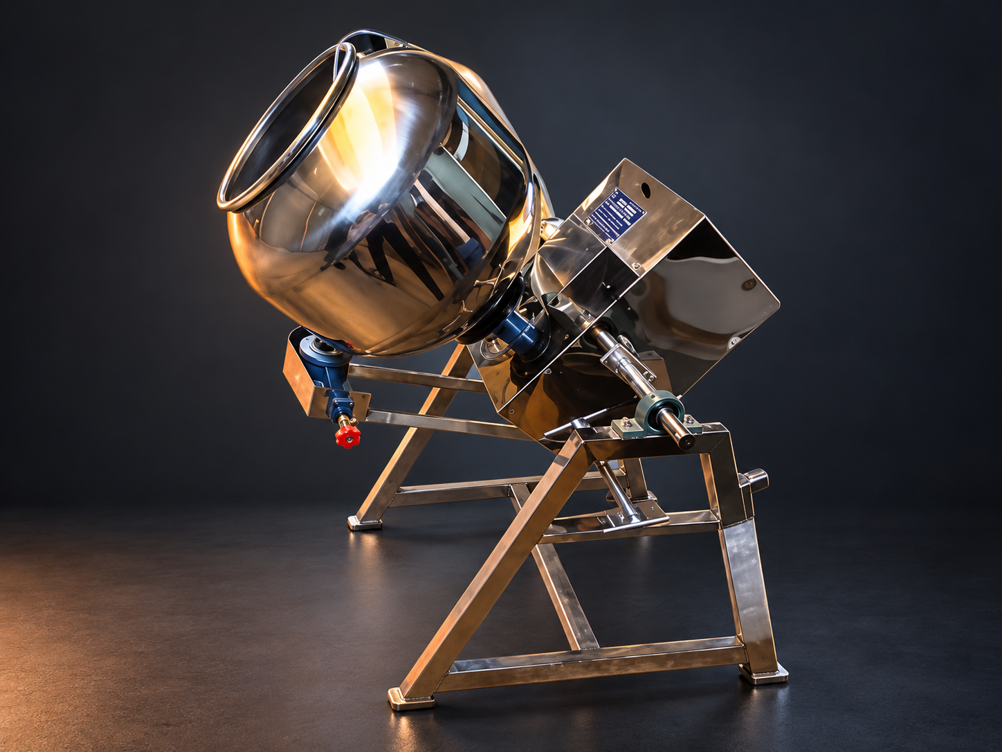 Rotating stainless-steel pan unit on an adjustable stand with a rear drive assembly