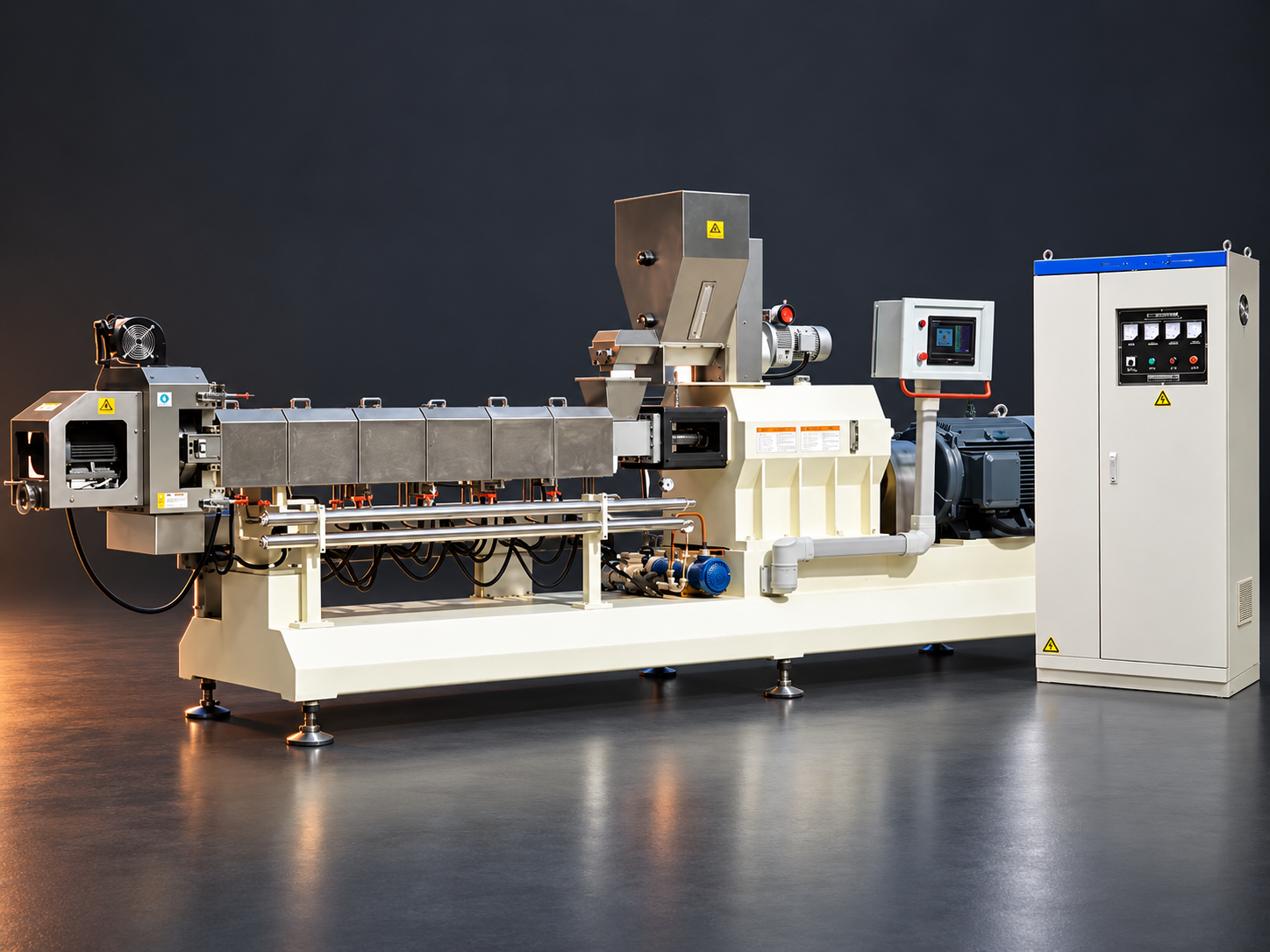 Upstream extrusion equipment reference for a fryums frying machine enquiry, showing an ingredient hopper, drive motor and control cabinet