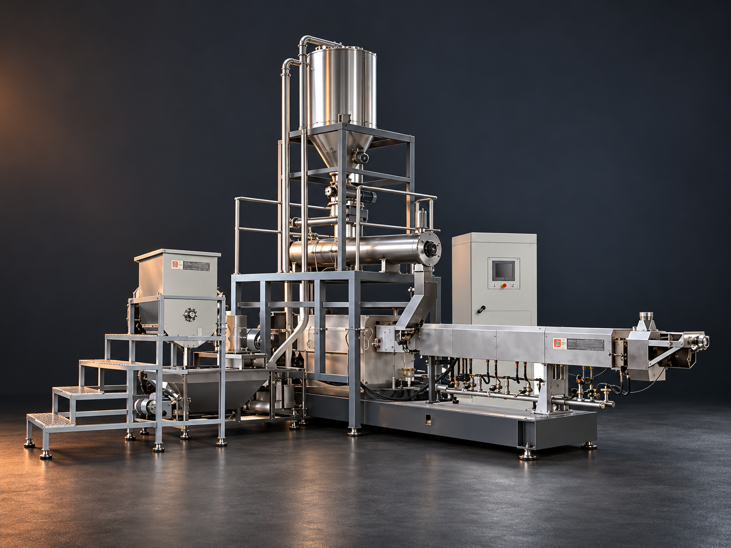 Equipment reference for a Kurkure making machine enquiry, with elevated feeding equipment, a horizontal extrusion assembly and control cabinet