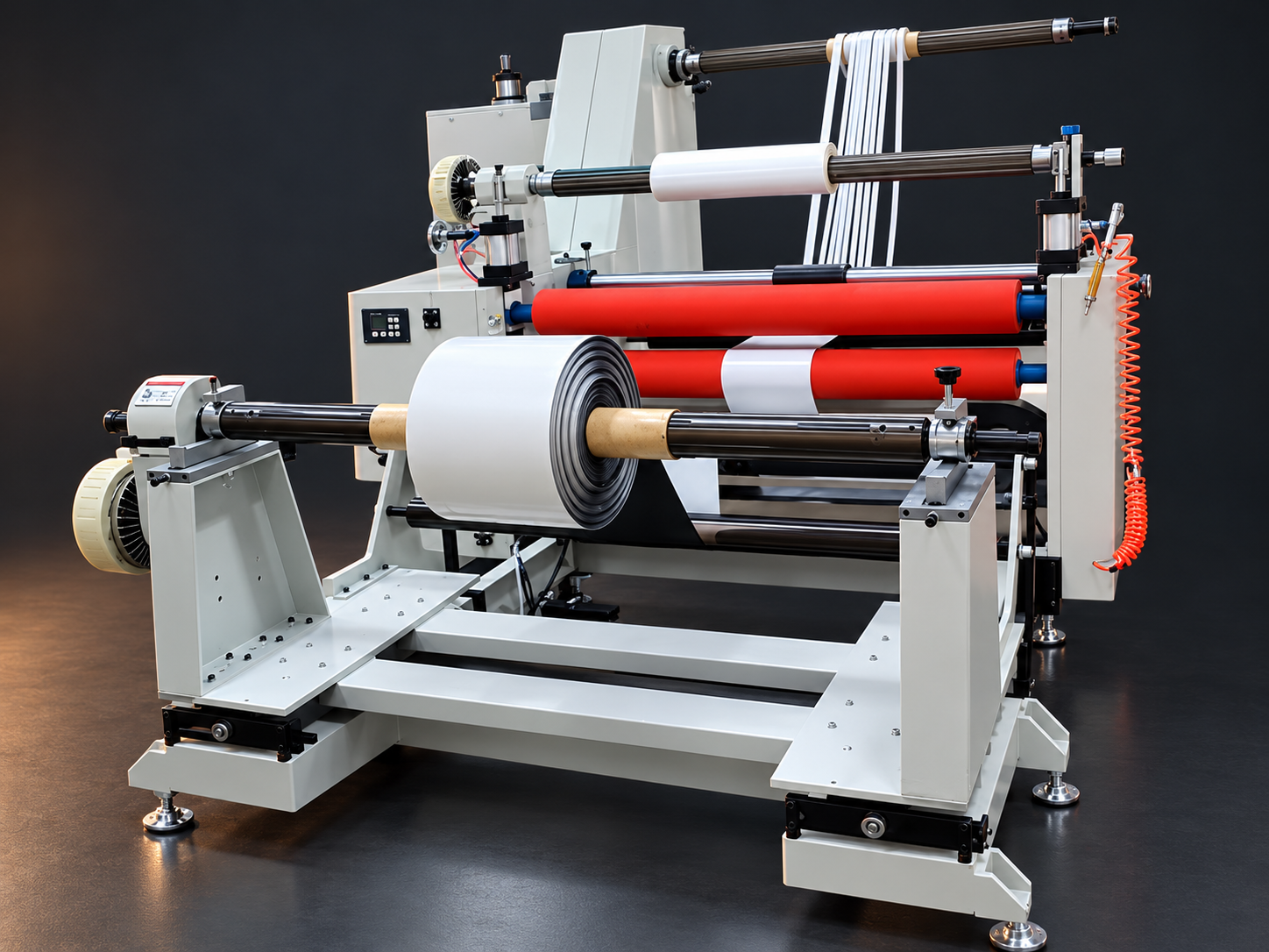 Laminate rewinding machine reference with a grey frame, red rollers, roll shafts and a packaging material roll