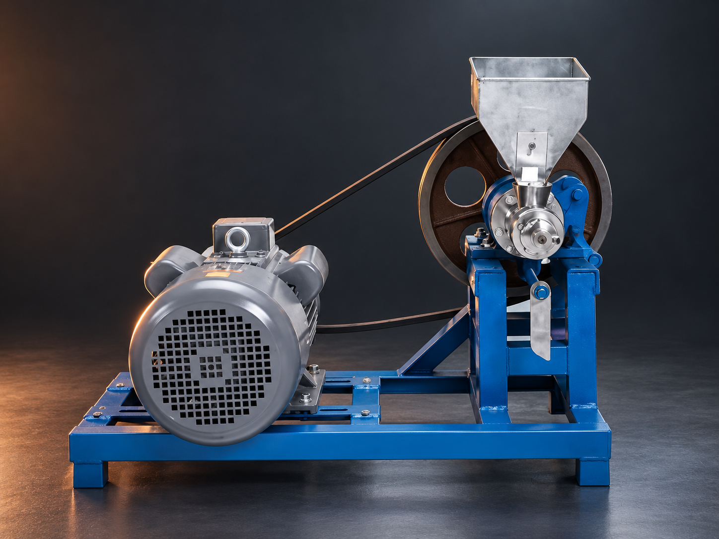 Equipment reference for a puff snack making machine enquiry, showing a blue frame, ingredient hopper, drive motor and flywheel